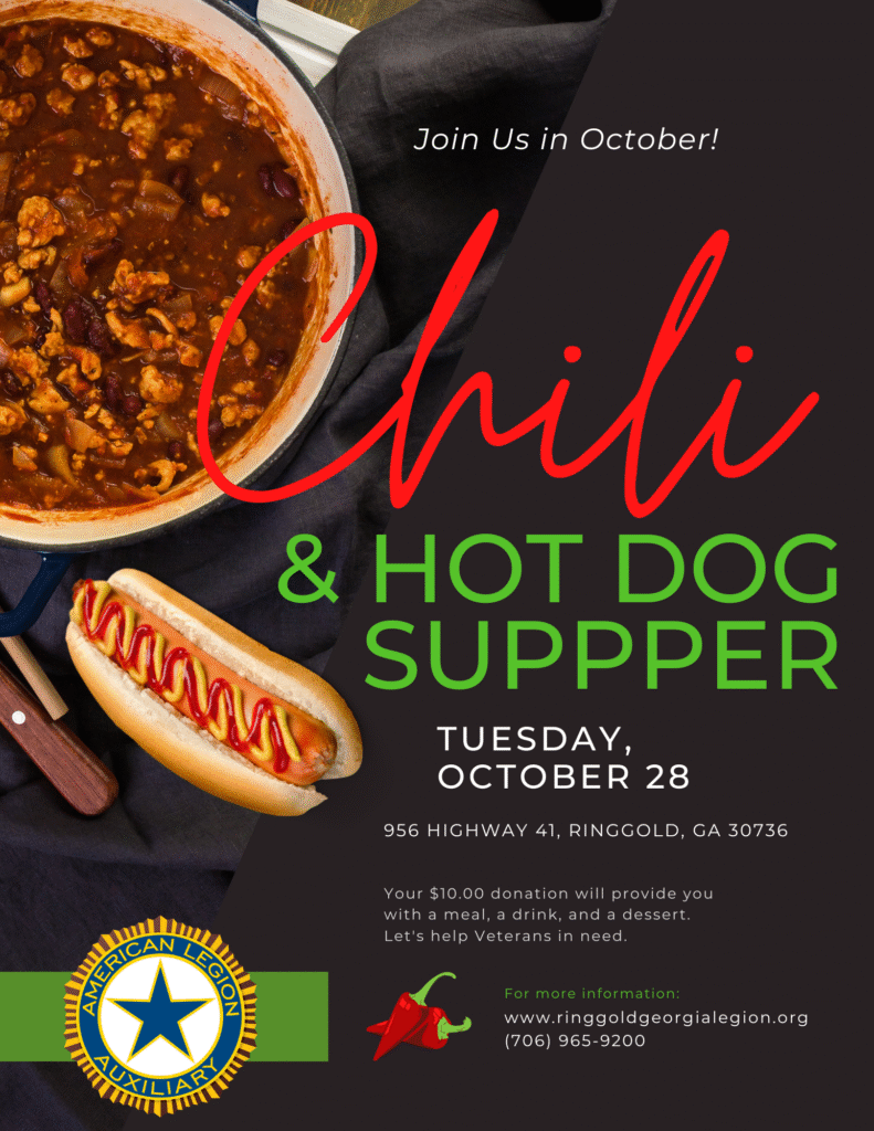 The American Legion Post 40 Auxillary would love for you to attend or support our annual Chili & Hot Dog Supper on October 28th 2025 at the American Legion Post 40.